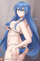 Rule 34 | 1girl, adapted costume, alternate breast size, aslindsamure, ass, back, bikini, blue eyes, blue hair, breasts, commentary, cowboy shot, english commentary, fire emblem, fire emblem awakening, from behind, grin, hair between eyes, hand on own ass, highres, large breasts, long hair, looking at viewer, lucina (fire emblem), nintendo, patreon username, sideboob, smile, solo, string bikini, swimsuit, tiara, twisted torso, underboob