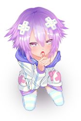 Rule 34 | 1girl, ayano (netin), blush, d-pad, d-pad hair ornament, hair ornament, hood, hooded track jacket, jacket, kneeling, licking, looking at viewer, neptune (neptunia), neptune (series), purple eyes, purple hair, sexually suggestive, solo, striped clothes, striped legwear, striped thighhighs, suggestive fluid, thighhighs, tongue, tongue out, track jacket