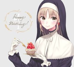 Rule 34 | 1girl, black dress, blush, brown eyes, closed mouth, dress, earrings, food, fork, fruit, gloves, grey background, habit, hair between eyes, hands up, happy birthday, highres, holding, holding fork, jewelry, light brown hair, long hair, long sleeves, nijisanji, nun, puffy long sleeves, puffy sleeves, sister claire, sister claire (1st costume), smile, solo, strawberry, traditional nun, umeno, virtual youtuber, white gloves