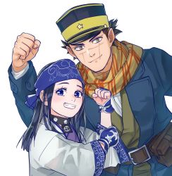 Rule 34 | 1boy, 1girl, ainu, ainu clothes, arm up, asirpa, bandana, belt, black hair, blue bandana, blue coat, blue eyes, blue headband, blue headwear, brown belt, brown scarf, clenched hand, closed mouth, coat, commentary request, golden kamuy, hairband, hat, headband, imperial japanese army, kepi, long hair, long sleeves, military, military hat, military uniform, open mouth, pouch, sayasaka, scar, scar on face, scar on nose, scarf, simple background, smile, standing, star (symbol), sugimoto saichi, teeth, two-tone hairband, uniform, upper body, white background, wide sleeves, yellow eyes, yellow headwear