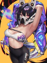 Rule 34 | 1girl, absurdres, arm up, armpits, bandeau, black hair, black pants, breasts, cleavage, collarbone, gloomyowl, goddess of victory: nikke, hair between eyes, headgear, high-waist pants, high ponytail, highres, jacket, large breasts, leggings, long hair, looking at viewer, mask, mouth mask, navel, open clothes, open jacket, pants, purple eyes, purple jacket, sin (nikke), solo, standing, stomach, strapless, thighs, tube top, yoga pants