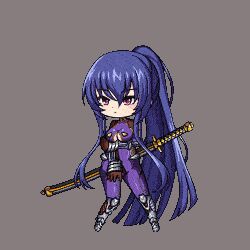Rule 34 | 1girl, absurdly long hair, akiyama rinko, animated, animated gif, blue hair, bodysuit, breasts, chibi, cleavage cutout, clothing cutout, collaboration, full body, holding, holding weapon, large breasts, lilith-soft, long hair, lowres, mist train girls, official art, purple eyes, shiny clothes, shiny skin, solo, standing, taimanin (series), taimanin suit, taimanin yukikaze, transparent background, very long hair, weapon, wide hips