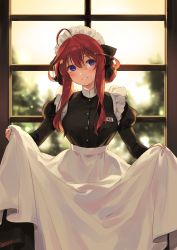 Rule 34 | 1girl, absurdres, ahoge, alternate costume, apron, apron hold, backlighting, black bow, black dress, blue eyes, blurry, blurry background, blush, bow, breasts, button gap, day, depth of field, dress, enmaided, feet out of frame, female focus, frills, go-toubun no hanayome, hair bow, hair ornament, head tilt, highres, indoors, juliet sleeves, large breasts, long hair, long sleeves, looking at viewer, maid, maid headdress, nakano itsuki, name tag, nys, parted lips, puffy sleeves, red hair, smile, solo, standing, standing on one leg, star (symbol), star hair ornament, waist apron, white apron, window