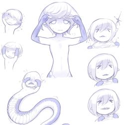 Rule 34 | &gt; &lt;, 1girl, blue theme, closed mouth, crying, flat chest, idon, lamia, looking at viewer, monochrome, monster girl, multiple views, nude, original, shedding, shedding skin, simple background, smile, tareme, tears, topfreedom, wavy mouth, white background