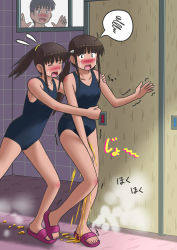 Rule 34 | 1boy, 2girls, bare shoulders, bathroom, between legs, black eyes, blue one-piece swimsuit, blush, brown hair, closed eyes, collarbone, crying, crying with eyes open, door, embarrassed, flip-flops, flying sweatdrops, g yukishiro, hair ornament, hair tie, hairclip, hand between legs, happy, have to pee, highres, indoors, japanese text, leg up, legs apart, long hair, multiple girls, nose blush, one-piece swimsuit, open mouth, original, peeing, peeing self, peeking, ponytail, sandals, school swimsuit, sidelocks, smile, speech bubble, spoken squiggle, squiggle, standing, standing on one leg, steam, sweat, swimsuit, tears, tile wall, tiles, translation request, trembling, walking, wet, wet clothes, window