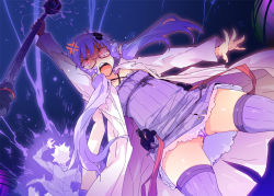 Rule 34 | 1boy, 1girl, anger vein, arm up, bespectacled, coat, dress, electrocution, glasses, glowing, glowing eyes, low twintails, panties, petenshi (dr. vermilion), purple dress, purple eyes, purple hair, purple panties, purple thighhighs, solo focus, tears, thighhighs, twintails, underwear, upskirt, vocaloid, voiceroid, wand, yuzuki yukari