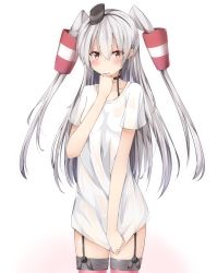 Rule 34 | 10s, 1girl, alternate costume, amatsukaze (kancolle), artist request, bad id, bad pixiv id, bottomless, brown eyes, choker, collarbone, colored eyelashes, cowboy shot, dripping, garter straps, grey hair, hair between eyes, hair tubes, hand to own mouth, headgear, kantai collection, kyuukon (qkonsan), long hair, looking at viewer, open mouth, see-through, shirt, shirt tug, short sleeves, solo, sweatdrop, t-shirt, thighhighs, two side up, very long hair, wavy mouth, wet, wet clothes, white background, zettai ryouiki