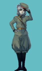 Rule 34 | 1girl, animal ears, black footwear, blue background, boots, brown eyes, closed mouth, collared shirt, full body, green hat, green shirt, grey hair, hat, inishie kumo, long sleeves, military, military uniform, mouse ears, nazrin, puffy pants, shirt, short hair, simple background, solo, standing, touhou, uniform, wing collar