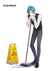Rule 34 | 1boy, ahoge, annoyed, badge, belt, black belt, black bow, black bowtie, black footwear, black vest, blue eyes, blue hair, bow, bowtie, broom, closed mouth, closers, collared shirt, copyright name, frown, full body, gloves, grey pants, hair intakes, hand on own chin, head rest, highres, leaning forward, leaning on broom, logo, looking to the side, male focus, nata (closers), official art, own hands together, oxfords, pants, parted bangs, puddle, shirt, short hair, sleeves past elbows, solo, standing, tachi-e, traditional bowtie, v-shaped eyebrows, vest, waistcoat, waiter, wet floor sign, white background, white gloves, white shirt