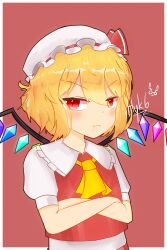 1girl absurdres ascot blonde_hair blush border bow closed_mouth crystal crystal_wings embodiment_of_scarlet_devil flandre_scarlet hair_between_eyes hat hat_ribbon highres kiiroku06 looking_at_viewer mob_cap pink_background puffy_short_sleeves puffy_sleeves red_background red_bow red_eyes red_vest ribbon shirt short_hair short_sleeves side_ponytail simple_background solo touhou upper_body vest white_shirt wings yellow_ascot