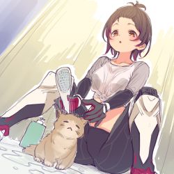 Rule 34 | 1girl, alternate hairstyle, black gloves, black legwear, blush, breasts, brown hair, cat, commentary, full body, gloves, highres, hololive, mechanical arms, mechanical legs, medium breasts, midriff, nosir onadat, open mouth, red eyes, red gloves, red hair, roboco-san, shirt, short hair, shower (place), shower curtain, shower head, sitting, soap bottle, solo, spread legs, t-shirt, tied shirt, two-sided gloves, virtual youtuber, wet, wet clothes, wet shirt, white shirt