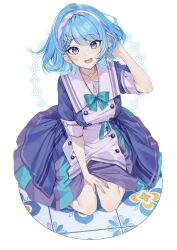 Rule 34 | 1girl, amenohi shizuku, blue dress, blue eyes, blue hair, breasts, clothes lift, collarbone, dress, earrings, hair ornament, hairband, hairclip, hand on own head, highres, indie virtual youtuber, jewelry, large breasts, light blue hair, looking at viewer, medium hair, multicolored nails, necklace, open mouth, patterned background, pearl choker, second-party source, seiza, short sleeves, shuri (84k), simple background, sitting, skirt, skirt lift, smile, solo, swept bangs, tile floor, tiles, virtual youtuber