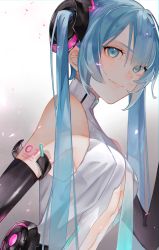 Rule 34 | 1girl, absurdres, blue eyes, blue hair, center opening, close-up, detached sleeves, hatsune miku, highres, light smile, long hair, looking to the side, nekome toworu, shoulder tattoo, solo, tattoo, twintails, very long hair, vocaloid
