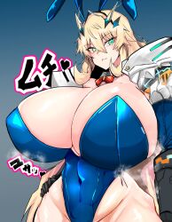 Rule 34 | 1girl, alternate costume, animal ears, aqua eyes, armor, barghest (fate), black gloves, blonde hair, blue background, blue leotard, bow, bowtie, breasts, check clothing, cleavage, commentary request, covered navel, detached collar, elbow gloves, fake animal ears, fate/grand order, fate (series), gigantic breasts, gloves, gradient background, green eyes, grey background, hair between eyes, hair ornament, hand on own hip, heart, heterochromia, highleg, highleg leotard, highres, leotard, long hair, looking at viewer, omurice (green solenoid), pauldrons, playboy bunny, rabbit ears, red bow, red bowtie, shoulder armor, solo, steam, steaming body, strapless, strapless leotard, translation request, upper body, wing collar