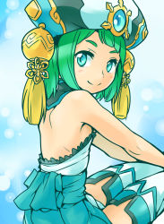 Rule 34 | 1girl, back, bare shoulders, blue eyes, breasts, detached collar, dress, green hair, hat, highres, ishiyumi, looking at viewer, looking back, puzzle &amp; dragons, sideboob, sitting, small breasts, smile, solo, tassel, thighhighs, xiao qiao (p&amp;d)