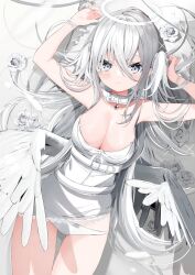 Rule 34 | 1girl, absurdres, angel, angel wings, arms up, bare arms, bare shoulders, breasts, cleavage, closed mouth, commentary request, dress, feathered wings, flower, grey eyes, grey hair, hair between eyes, halo, highres, kamioka shun&#039;ya, large breasts, long hair, looking at viewer, low wings, lying, on back, original, panties, rose, sleeveless, sleeveless dress, solo, two side up, underwear, very long hair, white flower, white panties, white rose, white wings, wings