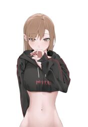Rule 34 | 1girl, akh@98, black hoodie, bottomless, breasts, brown eyes, brown hair, clothes writing, covering own mouth, crop top, ear piercing, earrings, gyaru, highres, hood, hoodie, jewelry, large breasts, long sleeves, nail polish, navel, original, out-of-frame censoring, piercing, red nails, stomach