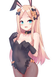Rule 34 | 1girl, abigail williams (fate), animal ears, bare shoulders, black bow, black gloves, black leotard, blonde hair, blue eyes, blush, bow, breasts, covered navel, detached collar, elbow gloves, fake animal ears, fate/grand order, fate (series), forehead, gloves, highleg, highleg leotard, highres, leotard, long hair, looking at viewer, milkshakework, multiple bows, open mouth, orange bow, pantyhose, parted bangs, playboy bunny, polka dot, polka dot bow, rabbit ears, rabbit tail, revision, sidelocks, small breasts, solo, strapless, strapless leotard, tail, thighs