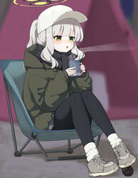 Rule 34 | 1girl, absurdres, black pantyhose, blue archive, cup, green eyes, green jacket, grey footwear, grey hair, halo, hare (blue archive), hare (camp) (blue archive), hat, highres, holding, holding cup, hood, hood down, hooded jacket, jacket, long hair, long sleeves, official alternate costume, pantyhose, ponytail, shiroiurushi, shoes, sitting, socks, solo, white hat, white socks