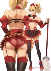 Rule 34 | 1girl, adapted costume, alternate costume, ass, back, bare shoulders, black thighhighs, blonde hair, braid, breasts, broom, comiket 94, commentary request, crown braid, detached collar, detached sleeves, fate/apocrypha, fate (series), garter belt, garter straps, gold trim, green eyes, hand on own cheek, hand on own face, high heels, hip focus, holding, holding broom, lace, lace-trimmed legwear, lace trim, maid, medium breasts, miniskirt, mordred (fate), mordred (fate/apocrypha), multiple views, navel, panties, ponytail, red footwear, red panties, red skirt, simple background, skirt, stomach, sweatdrop, thighhighs, thighs, underboob, underwear, upskirt, white background, yd (orange maru)