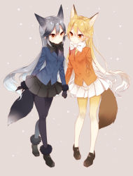 Rule 34 | 10s, 2girls, animal ears, arm behind back, beige background, black bow, black bowtie, black gloves, black necktie, black pantyhose, black skirt, blue hair, blue jacket, blush, bow, bowtie, breast pocket, brown eyes, brown footwear, brown gloves, buttons, closed mouth, eye contact, ezo red fox (kemono friends), fox ears, fox tail, full body, fur-trimmed sleeves, fur trim, gloves, gradient hair, hair between eyes, highres, holding hands, jacket, kemono friends, loafers, long hair, looking at another, looking at viewer, multicolored clothes, multicolored hair, multicolored legwear, multiple girls, naoto (tulip), necktie, orange jacket, pantyhose, pleated skirt, pocket, shoes, silver fox (kemono friends), simple background, skirt, smile, standing, tail, tareme, very long hair, white hair, white legwear, white skirt, yellow legwear, yellow necktie