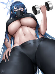 Rule 34 | 1girl, baseball cap, black hair, black mask, black pants, black shirt, blue archive, blue eyes, blue hair, blue halo, breasts, colored inner hair, commentary, cowboy shot, crop top, from below, groin, hair between eyes, halo, hand on own hip, hat, highres, holding dumbbell, large breasts, long hair, looking at viewer, mask, midriff, mouth mask, multicolored hair, navel, paid reward available, pants, saori (blue archive), shirt, signature, simple background, sleeveless, sleeveless shirt, solo, standing, underboob, white background, wookyung