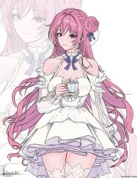 Rule 34 | 1girl, bare shoulders, blush, braid, breasts, closed mouth, collarbone, cowboy shot, cup, detached sleeves, dorothy (nikke), dress, frilled dress, frills, goddess of victory: nikke, hair bun, hair intakes, highres, holding, holding cup, long hair, looking at viewer, medium breasts, pink hair, purple eyes, simple background, sivarkart, smile, solo, teacup, thighhighs, white background, white dress