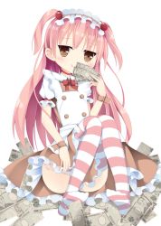 Rule 34 | 1girl, :q, apron, bad id, bad pixiv id, blush, borrowed character, brown eyes, hair bobbles, hair ornament, long hair, looking at viewer, maccha, mikane sebiri, money, original, pink hair, smile, socks, solo, striped clothes, striped socks, striped thighhighs, thighhighs, tongue, tongue out, twintails, two side up, white background