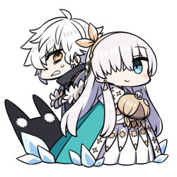 Rule 34 | 1boy, 1girl, ahoge, anastasia (fate), blue cape, blue eyes, bow, brown eyes, cape, chan co, chibi, closed mouth, commentary request, dress, fate/grand order, fate (series), grey hair, hair bow, hair over one eye, hairband, holding, kadoc zemlupus, long dress, long hair, looking at viewer, one eye covered, pink bow, simple background, smile, sweatdrop, viy (fate), white background, white dress