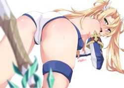 Rule 34 | 1girl, alakoala, all fours, ass, bare shoulders, blonde hair, blue eyes, blurry, blush, bradamante (fate), bradamante (first ascension) (fate), braid, breasts, depth of field, elbow gloves, fate/grand order, fate (series), french braid, gloves, hair between eyes, hair ornament, hip focus, leotard, long hair, looking at viewer, looking back, medium breasts, open mouth, simple background, solo, sweat, thigh strap, thighs, twintails, weapon, white background