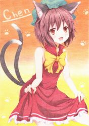 Rule 34 | 1girl, animal ears, bare arms, bow, brown hair, cat ears, cat tail, character name, chen, earrings, fang, gradient background, graphite (medium), hat, high collar, jewelry, kittona, looking at viewer, millipen (medium), mob cap, multiple tails, open mouth, paw print, red eyes, shirt, short hair, single earring, skirt, skirt hold, skirt set, sleeveless, sleeveless shirt, solo, tail, touhou, traditional media, watercolor pencil (medium)