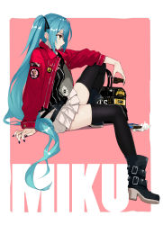 Rule 34 | 1girl, alternate costume, aqua hair, bag, black footwear, black nails, black ribbon, black shirt, black thighhighs, boots, border, candy, candy wrapper, character name, chewing, chocolate, chocolate bar, earrings, food, full body, green eyes, hair ribbon, hatsune miku, high heel boots, high heels, highres, jacket, jewelry, knee up, long hair, long sleeves, looking at viewer, nail polish, outside border, peace symbol, pink background, pleated skirt, profile, realmbw, red jacket, ribbon, ring, shiny skin, shirt, simple background, sitting, skirt, solo, striped clothes, striped shirt, stud earrings, thighhighs, thighs, twintails, very long hair, vocaloid, white border, white skirt, zettai ryouiki
