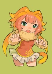 Rule 34 | 1girl, animal ears, dress, extra ears, golden lion tamarin (kemono friends), green background, green eyes, highres, kemono friends, lion ears, lion girl, lion tail, long hair, looking at viewer, open mouth, orange hair, rinx, scarf, simple background, skirt, sleeveless, solo, tail, twintails