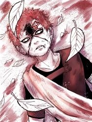 Rule 34 | 1boy, aged down, bakapandy, blood, blood on face, exhausted, eyeliner, facial mark, fishnet top, fishnets, gaara (naruto), injury, leaf, lying, makeup, male focus, monochrome, naruto (series), on back, red hair, sand, sash, solo