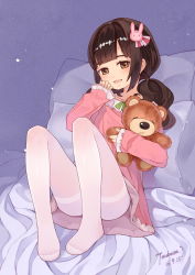 Rule 34 | 10s, 1girl, 2016, absurdres, artist name, brown eyes, brown hair, child, dated, dress, hair ornament, highres, long hair, low twintails, no shoes, original, pantyhose, pillow, rabbit hair ornament, signature, sitting, sleeves past wrists, smile, solo, stuffed animal, stuffed toy, teddy bear, thighband pantyhose, tsubasa tsubasa, twintails, white pantyhose