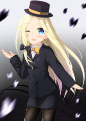 Rule 34 | 1girl, ;d, abigail williams (fate), alternate costume, animal, black bow, black hat, black jacket, black pantyhose, black skirt, blonde hair, blush, bow, bowtie, bug, butterfly, collared shirt, commentary request, fate/grand order, fate (series), formal, hair bow, hat, head tilt, highres, insect, jacket, kogyokuapple, long hair, long sleeves, looking at viewer, motion blur, one eye closed, open mouth, orange bow, orange bowtie, pantyhose, parted bangs, polka dot, polka dot bow, shirt, skirt, skirt suit, sleeves past wrists, smile, solo, suit, very long hair, white shirt