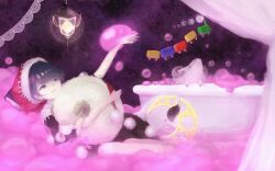 Rule 34 | 1girl, bathtub, curtains, dark background, doremy sweet, flying, highres, shee take, sheep, soap bubbles, solo focus, touhou, train