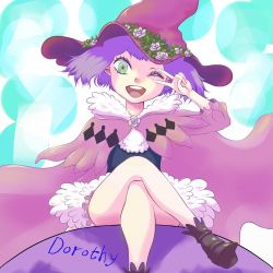 Rule 34 | 1girl, akiakane, black clover, boots, cloak, dorothy unsworth, female focus, green eyes, hat, crossed legs, medium hair, one eye closed, open mouth, peace symbol, petite, pink cloak, purple hair, smile, solo, solo focus, unusual pupils, wink, witch, witch hat