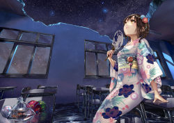 Rule 34 | 1girl, arm support, ball, blush, brown hair, chair, classroom, closed mouth, cowboy shot, desk, hand fan, fish, floral print, flower, goldfish, hair flower, hair ornament, highres, holding, holding fan, indoors, japanese clothes, kimono, long sleeves, looking up, night, night sky, obi, on desk, original, paper fan, pisuke, reflection, ruins, sash, school, school chair, school desk, short hair, sitting, on desk, sky, solo, star (sky), starry sky, uchiwa, water balloon, wide sleeves, window, yellow eyes, yukata