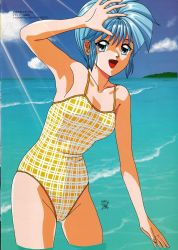 Rule 34 | 1990s (style), 1girl, :d, armpits, artist name, blue eyes, blue hair, casual one-piece swimsuit, cloud, company name, copyright name, dated, day, groin, happy, kokura masashi, matching hair/eyes, nijino saki, official art, one-piece swimsuit, open mouth, plaid, retro artstyle, scan, short hair, sky, smile, solo, swimsuit, tokimeki memorial, tokimeki memorial 1, wading, water, yellow one-piece swimsuit