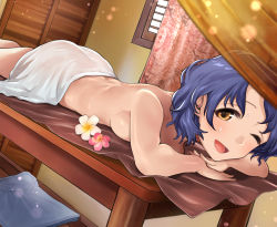 Rule 34 | 1girl, :d, antenna hair, ass, bad id, bad pixiv id, blue hair, blurry, blurry foreground, blush, breast press, breasts, brown eyes, commentary, covering privates, depth of field, dutch angle, flower, hanamasa ono, highres, idolmaster, idolmaster million live!, idolmaster million live! theater days, indoors, looking at viewer, lying, medium breasts, nude, nude cover, on stomach, one eye closed, open mouth, own hands together, short hair, smile, solo, sweat, tareme, towel, toyokawa fuka, wavy hair, white towel
