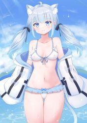 Rule 34 | 1girl, absurdres, ahoge, amatsuka uto, animal ear fluff, bandages, bare shoulders, bikini, blue eyes, blue hair, blush, breasts, cat girl, cat tail, cleavage, closed mouth, cloud, collarbone, covered clitoris, covered erect nipples, day, frilled bikini, frills, front-tie bikini top, front-tie top, hair ornament, hair ribbon, halterneck, highres, icetea (8862), indie virtual youtuber, indoors, jacket, long hair, looking at viewer, low twintails, medium breasts, navel, ocean, off shoulder, rainbow, ribbon, see-through, sky, smile, solo, standing, swimsuit, tail, thighs, twintails, virtual youtuber, water, wet, white bikini, white jacket