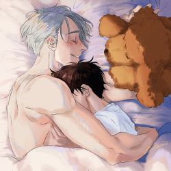 Rule 34 | 2boys, animal, arm around back, artist name, backlighting, bed, bed sheet, black hair, blush, closed eyes, colored eyelashes, day, dog, eyelashes, facing away, from above, hand on another&#039;s back, happy, hidden face, highres, hug, katsuki yuuri, liam yoi, light blush, lying, makkachin, male focus, multiple boys, muscular, nape, nose blush, on bed, on side, parted lips, petting, pillow, profile, shadow, shirt, shoulder blades, silver hair, sleeping, smile, sunlight, teeth, topless male, viktor nikiforov, waking up, white shirt, yaoi, yuri!!! on ice