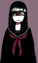 Rule 34 | 1girl, black hair, black sailor collar, black shirt, brown background, cyclops, highres, kuronyankokko, long hair, looking at viewer, neckerchief, one-eyed, original, parted lips, red eyes, red neckerchief, sailor collar, school uniform, serafuku, shirt, simple background, smile, solo, swept bangs