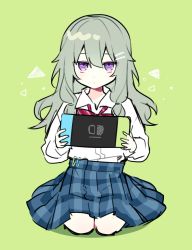 Rule 34 | 1girl, aged down, blue skirt, bow, bowtie, closed mouth, commentary, diagonal-striped bow, diagonal-striped bowtie, diagonal-striped clothes, green background, green hair, hair ornament, hairclip, highres, kamiyama high school uniform (project sekai), kusanagi nene, long hair, long sleeves, looking at viewer, low-tied long hair, plaid, plaid skirt, project sekai, purple eyes, red bow, red bowtie, safety pin, school uniform, shirt, sidelocks, skirt, solo, striped clothes, triangle, waka (wk4444), white shirt