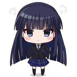 Rule 34 | &gt;:(, 1girl, angry, black hair, black jacket, black thighhighs, blue eyes, blue necktie, blue skirt, blunt bangs, blunt ends, blush stickers, chibi, closed mouth, collared shirt, commentary, frown, hands on own hips, highres, jacket, long hair, long sleeves, looking at viewer, mahigu re, miniskirt, necktie, plaid, plaid skirt, pleated skirt, puff of air, shirt, sidelocks, simple background, skirt, solo, split mouth, standing, straight-on, striped necktie, thighhighs, touma kazusa, tsurime, v-shaped eyebrows, very long hair, white album (series), white album 2, white background, white shirt, zettai ryouiki