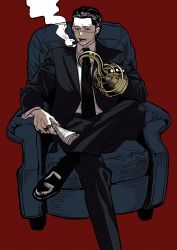 Rule 34 | 1boy, alternate costume, black hair, cigar, couch, crocodile (one piece), crossed legs, formal, gimaug, hair slicked back, highres, holding, holding newspaper, hook hand, male focus, necktie, newspaper, one piece, scar, scar on face, sitting, smoking, solo, suit