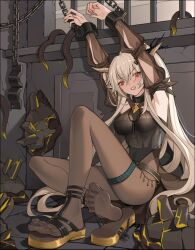 Rule 34 | 1girl, arknights, armpits, arms up, black leotard, bodystocking, bound, bound wrists, brown pantyhose, chain, clenched teeth, criss-cross halter, detached sleeves, feet, full body, grey hair, halter leotard, halterneck, highleg, highleg leotard, horns, impossible clothes, indoors, knee up, legs, leotard, long hair, looking at viewer, nail polish, no shoes, on ground, paid reward available, pantyhose, sandals, shining (arknights), sitting, soles, solo, spread toes, teeth, tentacles, thigh strap, toenail polish, toenails, toes, very long hair, xssh