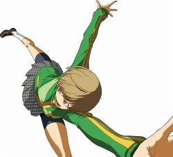 Rule 34 | 1girl, atlus, bike shorts, breasts, brown eyes, brown hair, buttons, houndstooth, jacket, kicking, kneehighs, looking away, official art, open mouth, persona, persona 4, persona 4: the ultimate in mayonaka arena, satonaka chie, shoes, short hair, skirt, socks, soejima shigenori, solo, tomboy, track jacket