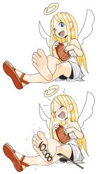 Rule 34 | 1other, absurdres, angel, blonde hair, blue eyes, crimvael, dress, feet, footprints, halo, highres, ishuzoku reviewers, long hair, pawfeather, smile, soles, tickling, toes, white dress, wings